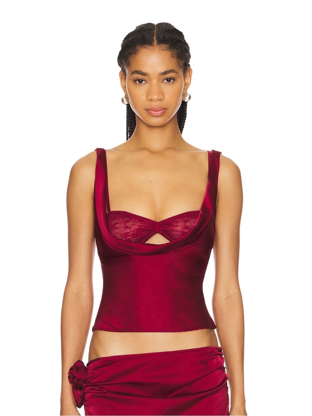 Lioness Burgundy Satin Bustier Tank with Lace Inset